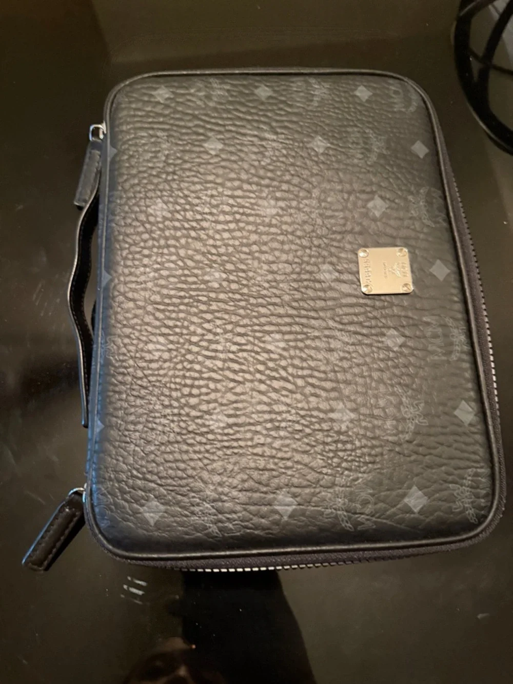 MCM Black Textured Leather Laptop Folio with Monogram